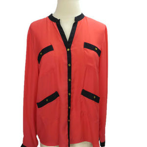 Aqua Blouse Coral M Long Sleeves Gold Buttons